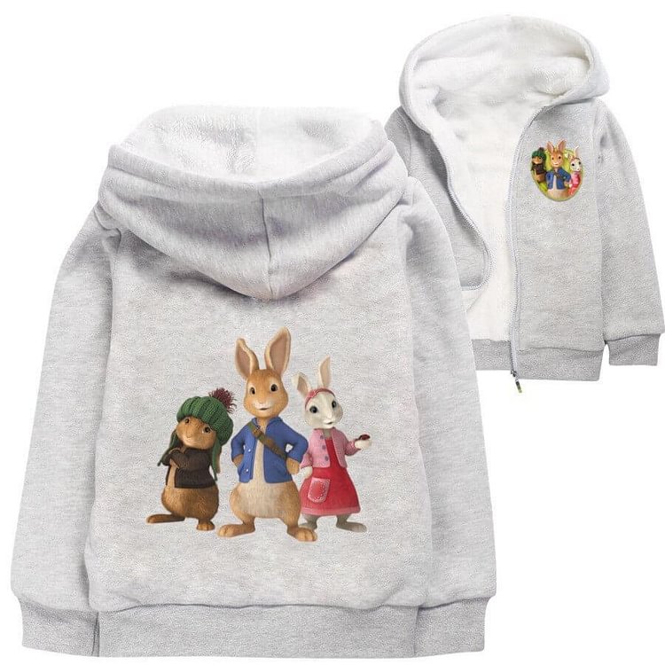 Mayoulove Girls Boys Peter Rabbit Print Cotton Zip Up Fleece Lined Hooded Jacket-Mayoulove