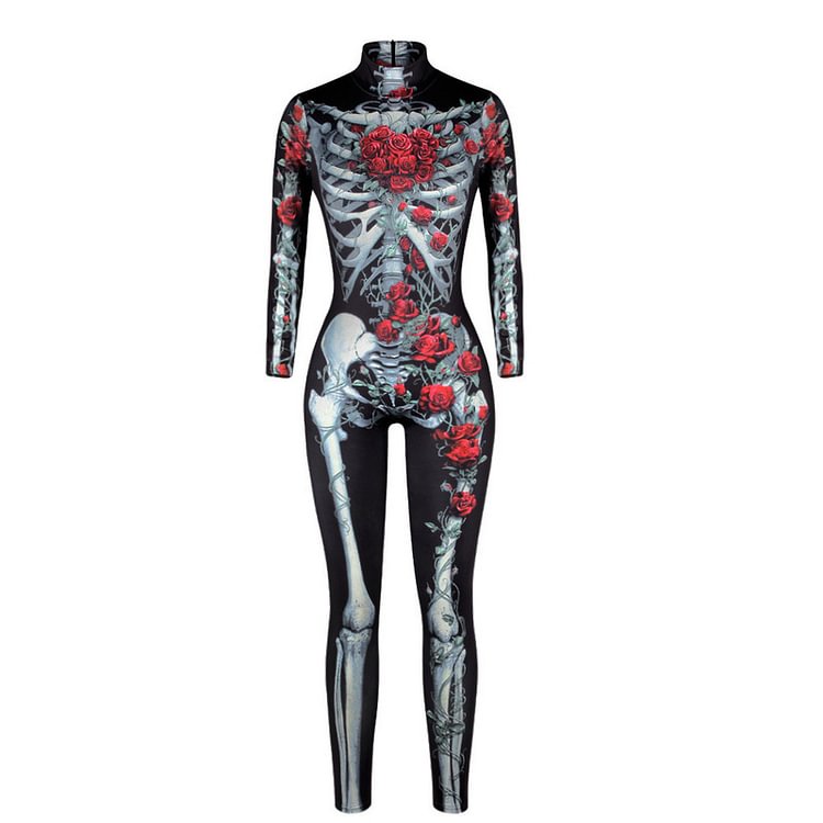 Women Halloween Party Costume Skull Print Long Sleeve Jumpsuit Outfit