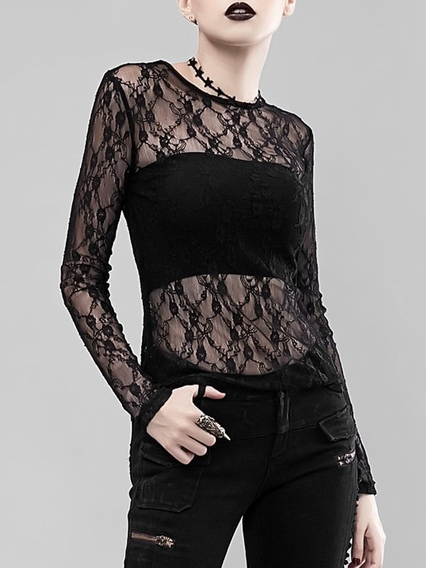 Gothic Dark Punk Style Lace Paneled See Through Crew Collar Long Sleeve Sweatshirt