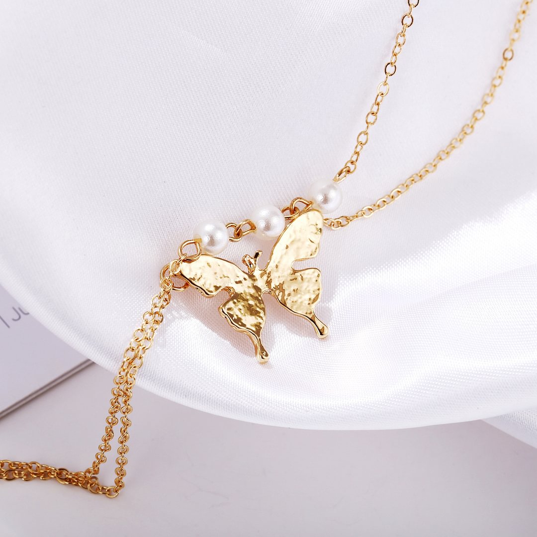   Double layer lmitation pearl butterfly pendant necklace - Neojana