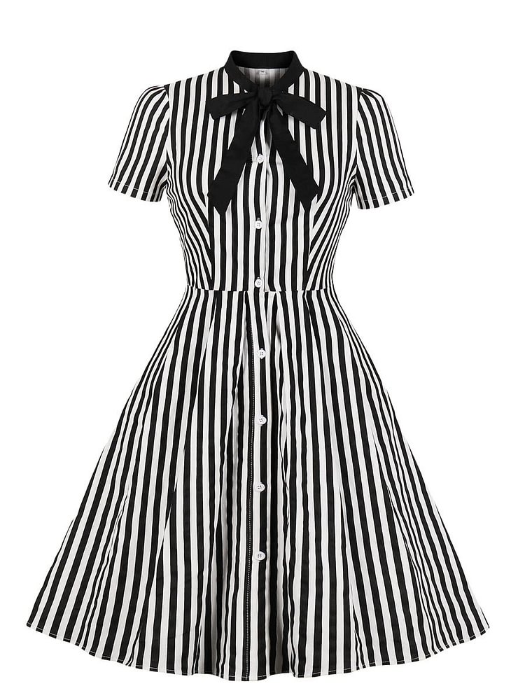 Mayoulove Vintage Dress Stripes Sleeveless Patchwork Midi Dress for Women-Mayoulove