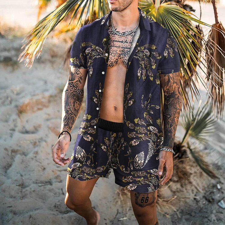 BrosWear Hawaiian Floral Print Lapel Short Sleeve Shirt and Shorts Beach Set black