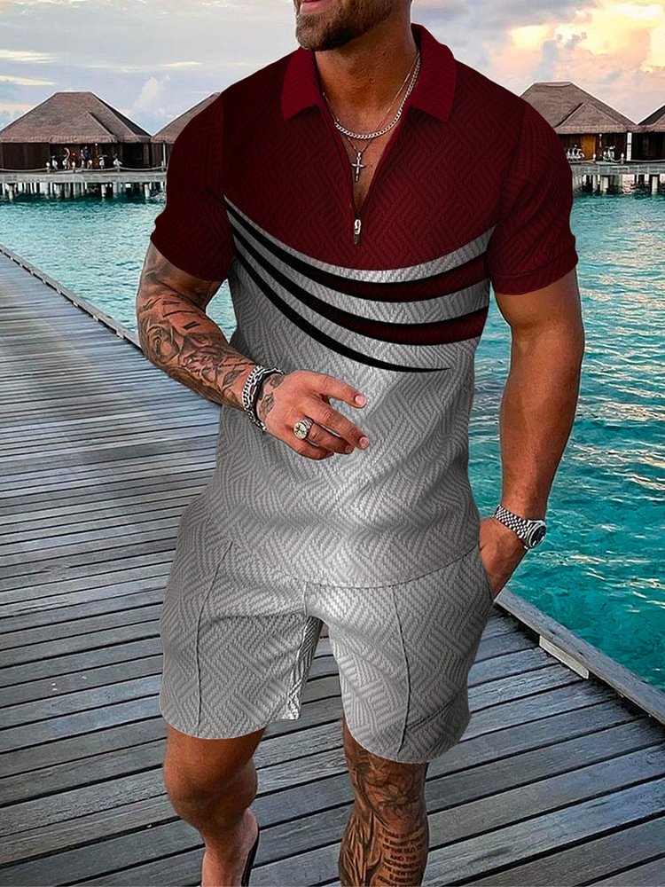 Men's Fashion Gradient Printing Wine Red Polo Suit