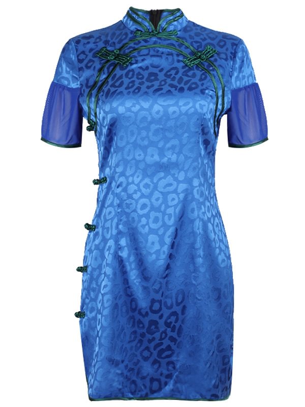 Leopard Printed Color Block Paneled Split Bodycon Cheongsam Dress