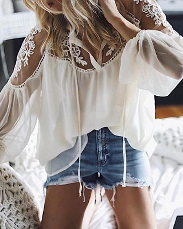 Women's Blouse Shirt Solid Colored Plain Long Sleeve Mesh Lace V Neck Tops Loose Basic Top White Black-0203815-Corachic