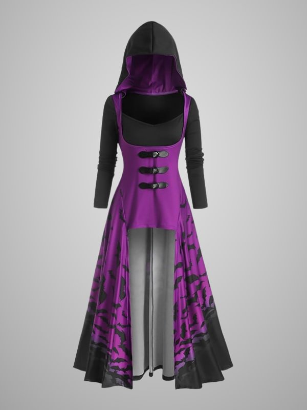 Gothic Dark Statement Asymmetrical Bat Printed Color Block Long Sleeve Slim Hooded Dress with Tight Waist