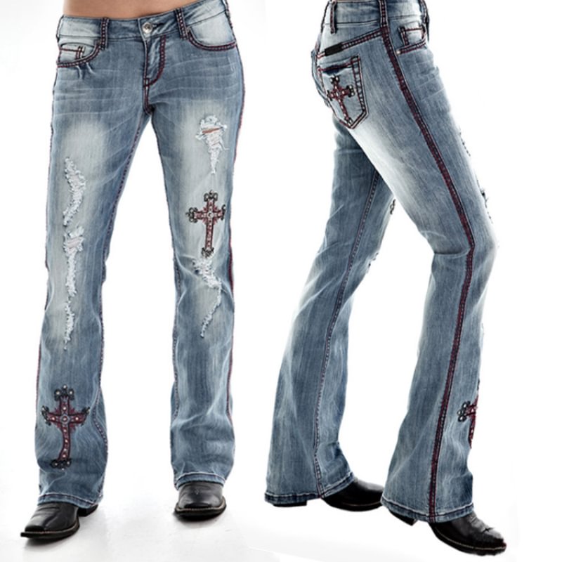 Embroidered Cross Printed Comfortable Jeans