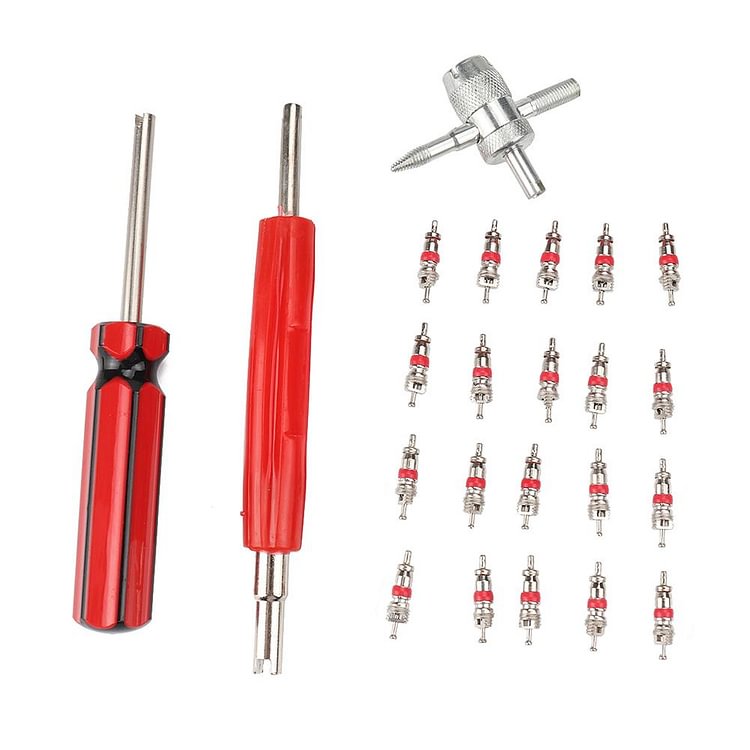 20pcs Schrader Valve Cores with Dual Single Head Removers+4-Way Valve Tool