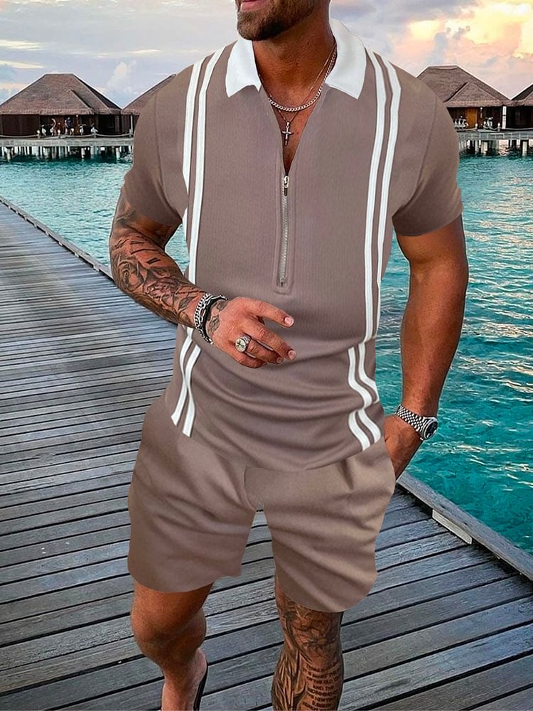 Men's Contrast Color Striped Printed Zipper Short Sleeve Suit