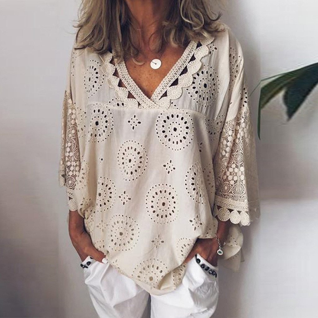 Women blouse Hollow Out  Lace Patchwork tops women plus size 5xl Tops-Corachic