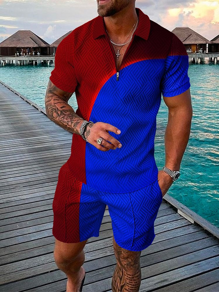 Men's Fashion Vacation Red and Blue Printed Polo Suit