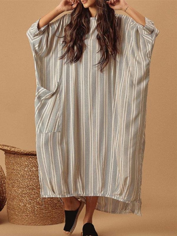 Women's cotton and linen loose striped large pocket dress-Mayoulove