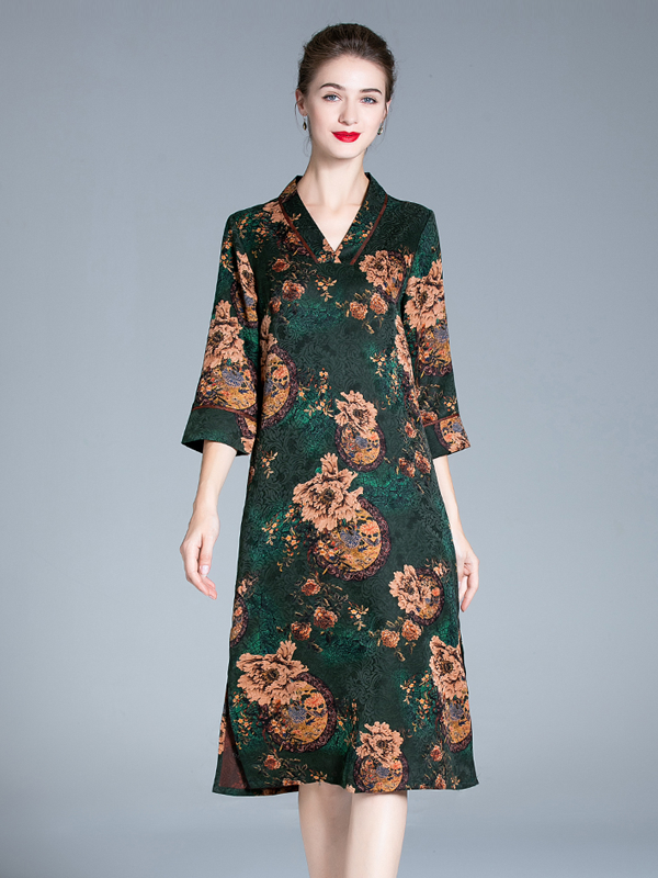 Silk Dress Xiangyunsha Collection Retro V-neck Style