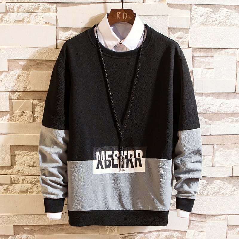 Color Block Fake Two Piece Casual Loose Japanese Style Long Sleeve Pullover Sweatshirt