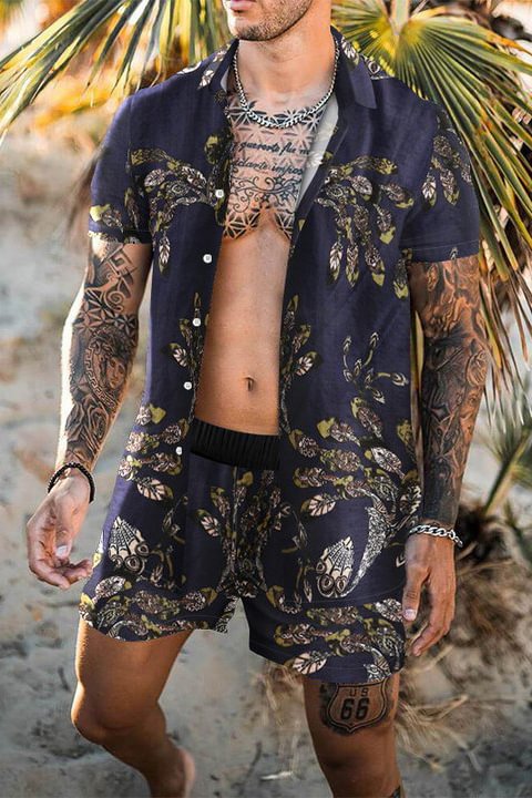 Tiboyz Outfits Hawaiian Lapel Beach Short Sleeve Shirt Set