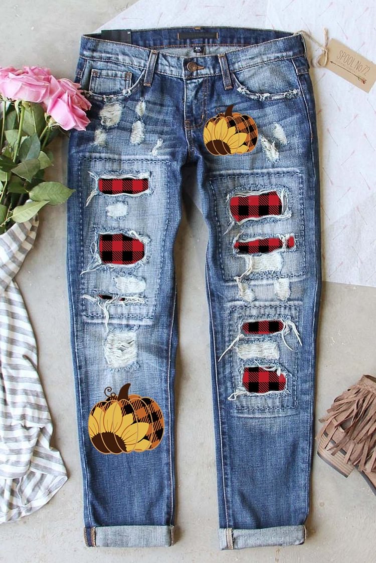 Women's Jeans Plaid Patchwork Sunflower Mid Waist Straight Jeans-Mayoulove