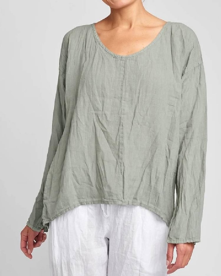 Comfortable Cotton And Linen Crew Neck Top-Mayoulove