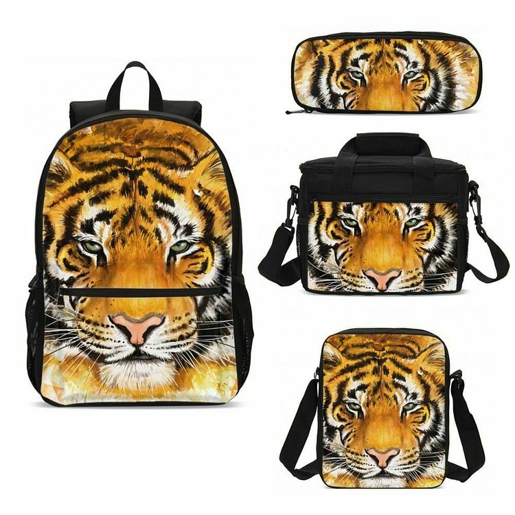 Mayoulove Casual Tiger Large Backpack Insulated Lunch Bags Pencil Case Boys Girls Schoolbag 4PCS-Mayoulove