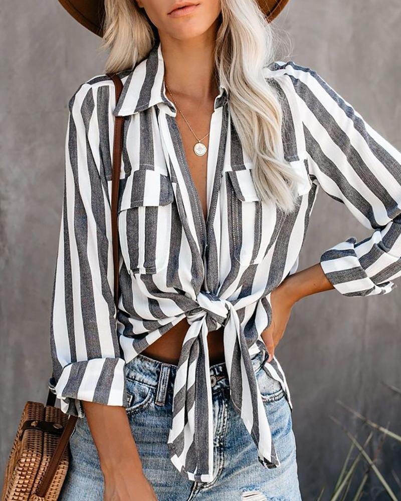 Striped Knotted Detail Pocket Blouse P15572