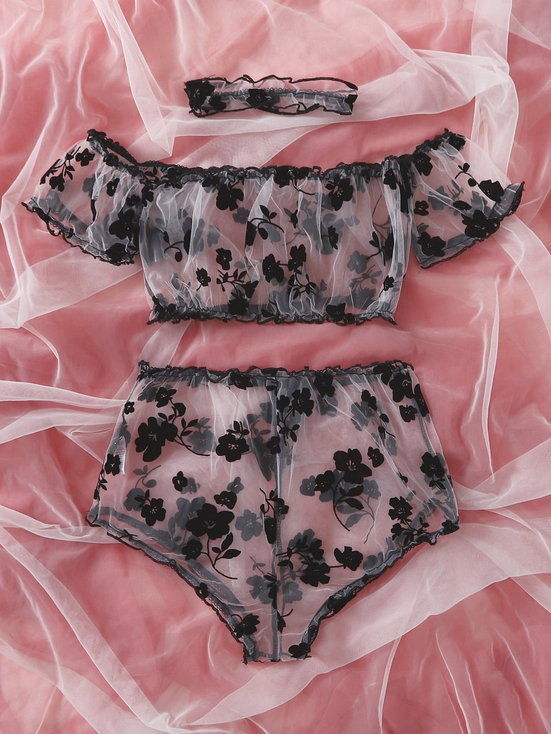 Floral Mesh Lingerie Set & Choker Panty Sets-Icossi