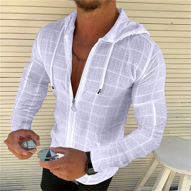 BrosWear Men's Zip Cardigan Plaid Embossed Paneled Front Drawstring Hooded Long Sleeve Shirt white