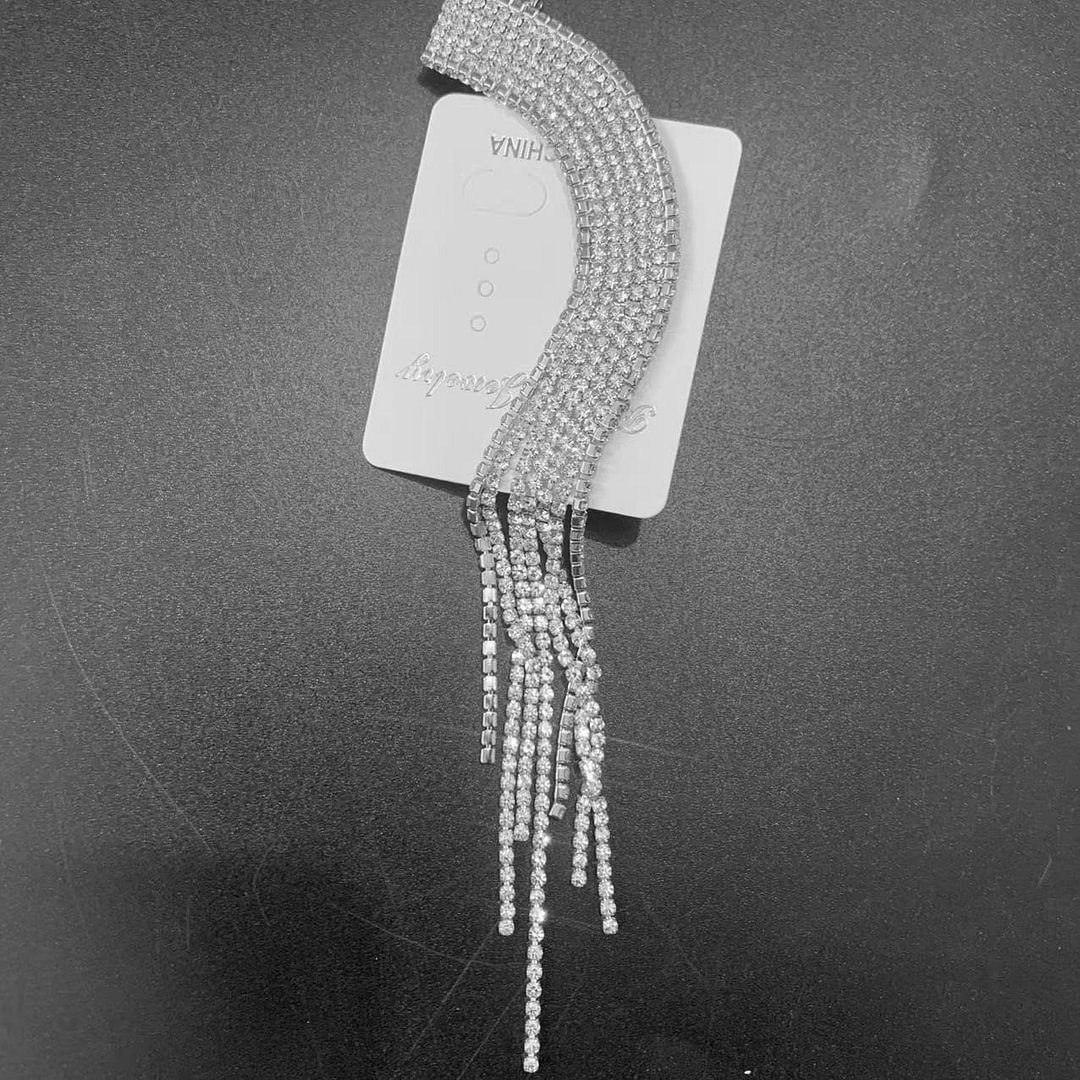 Rhinestone Tassel Back Crystal Long Drop Clip Earrings-VESSFUL