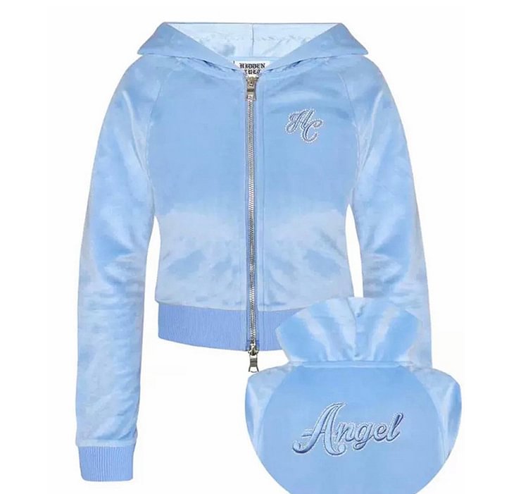 Y2K Active Girl Casual Velvet Sets: Letter Embroidered Zip Up Jacket + Letter Embroidered Straight Pants