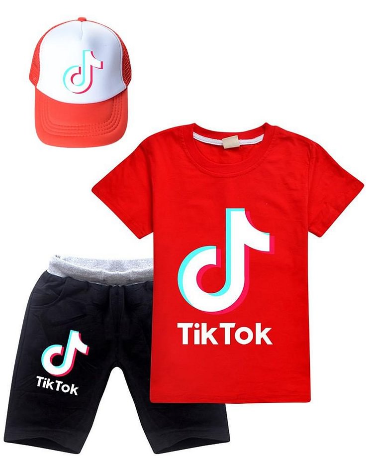 Tik Tok Print Girls Boys Cotton T Shirt And Shorts Outfit Set With Hat-Mayoulove