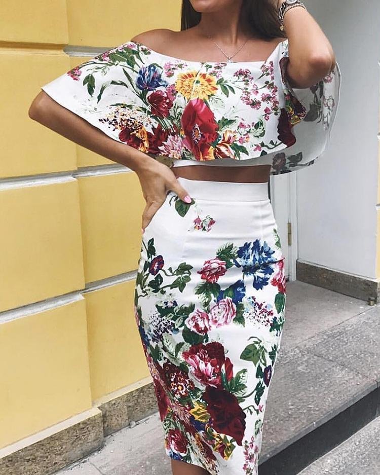 Floral Print Off Shoulder Cropped Top & Skirt Set-Corachic