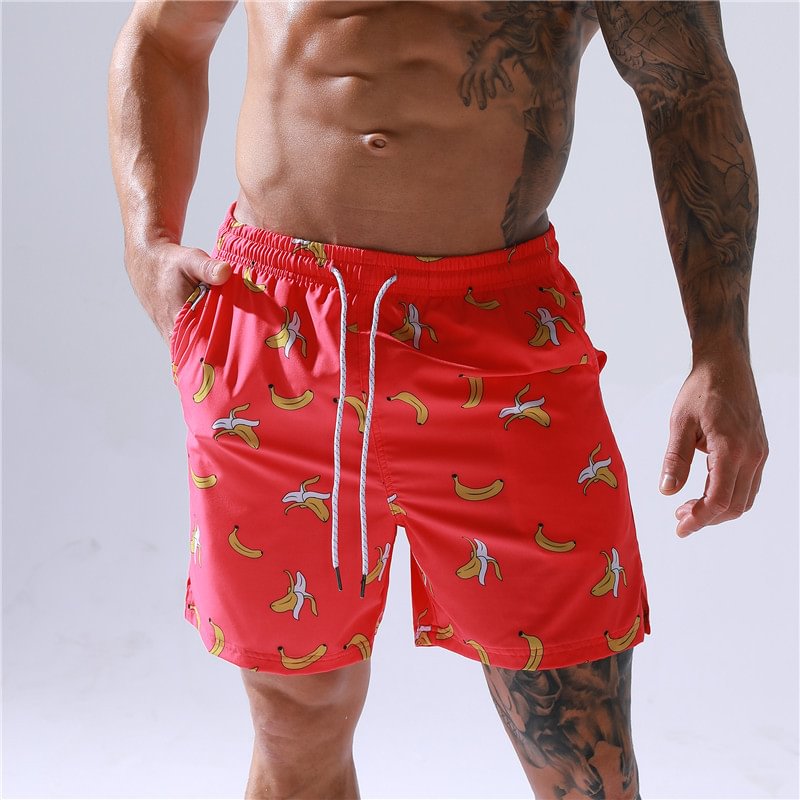 Banana Pattern Red Casual Men's Beach Shorts-VESSFUL