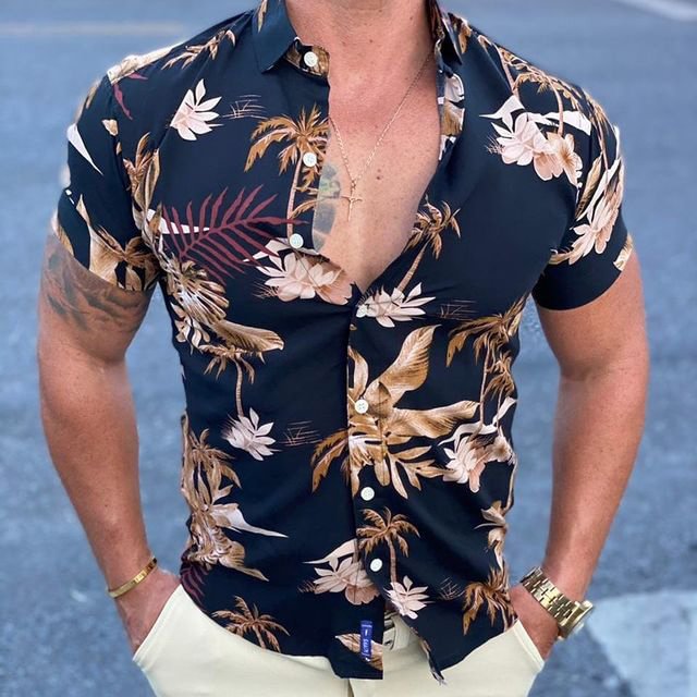 BrosWear Men's Slim-fit Short Sleeve Floral Print Shirt Multicolor