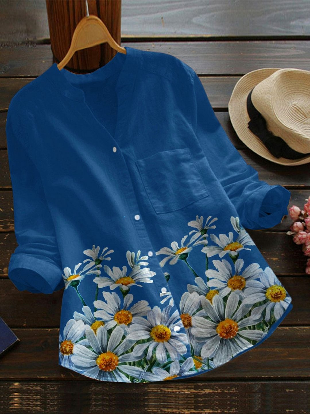 Blue Casual Cotton-Blend Shirts & Tops-Corachic
