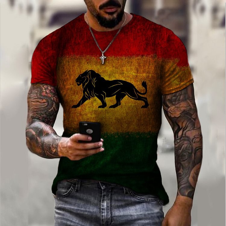 BrosWear Animal Color-Block Lion Print Round Neck Pullover T-Shirt red yellow
 green