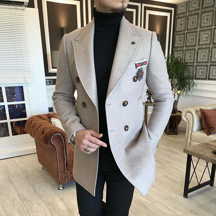 BrosWear Men's Solid Color Suit Collar Double Breasted Coat