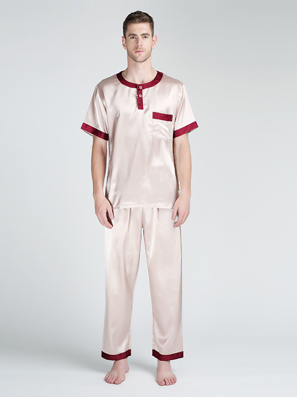 Summer Luxurious Contrasting Pipe Cuffs Silk Pajamas