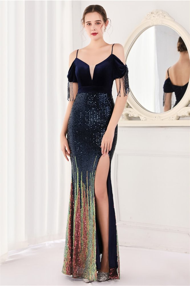 Luluslly Spaghetti-Straps Sequins Evening Dress Mermaid Long With Split YE0057