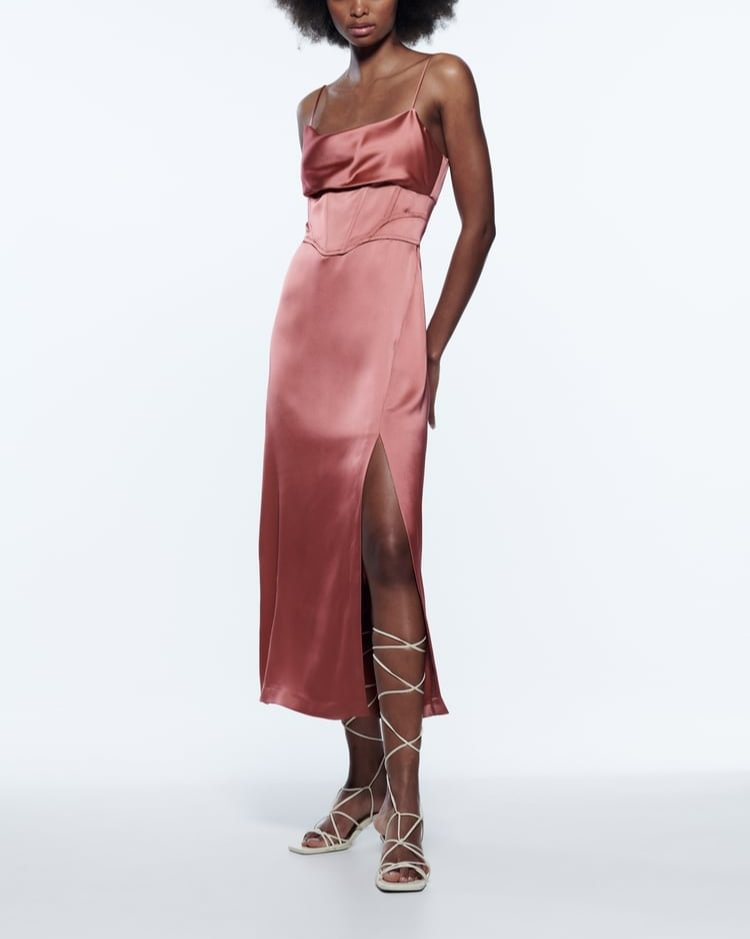 Women's Corsetry Pink Slip Dress Fluid Round Neck Silk Midi Dress