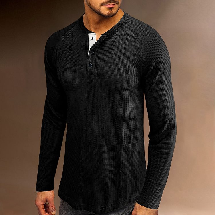 BrosWear Men's Henley Collar Solid Color Casual Basic Long Sleeve T-Shirt black