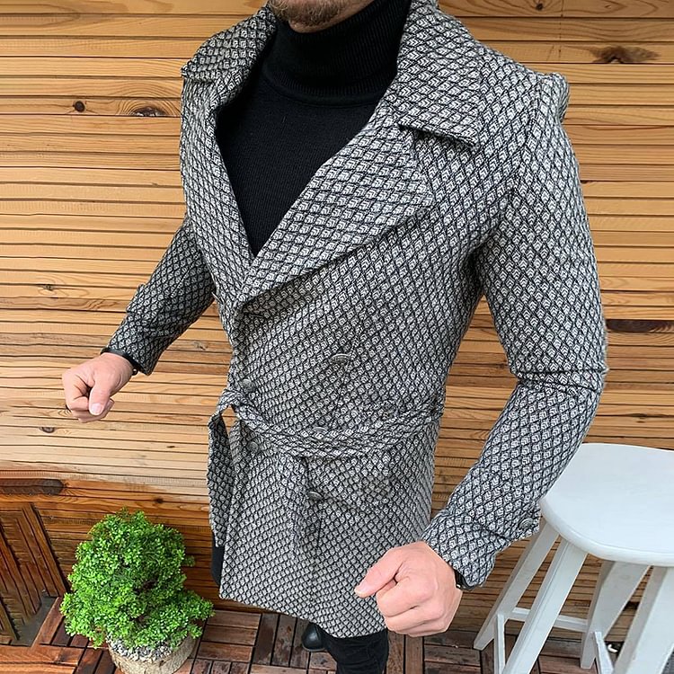 BrosWear Fashion Check Mid Length Wool Coat