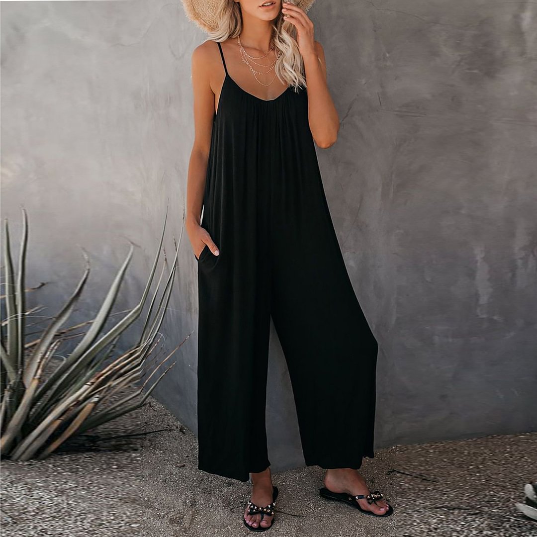 Fashion Casual Solid Color Pocket Women's Loose Jumpsuit