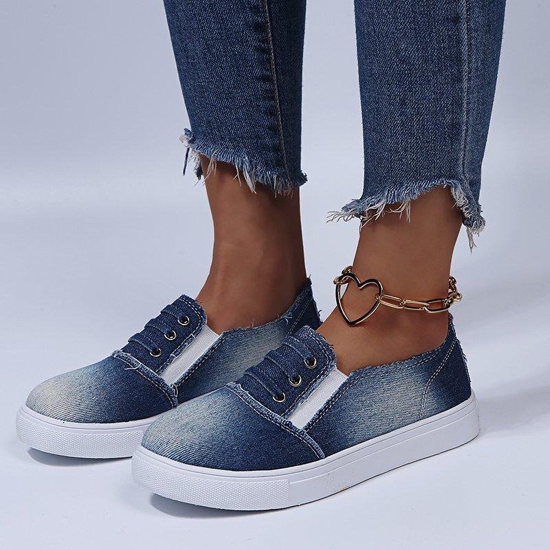 Solid Color Low-cut Denim Flat Heels For Women
