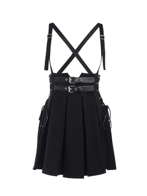 Dark College Style Lace Up Buckle Decoration Adjustable Straps Pleated Skirt