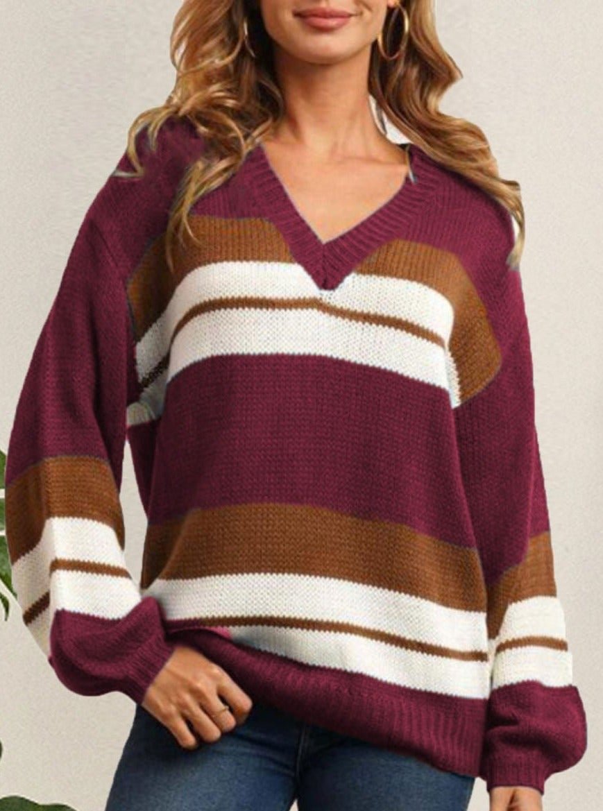 V-neck Loose Casual Striped Sweater Pullover-Corachic