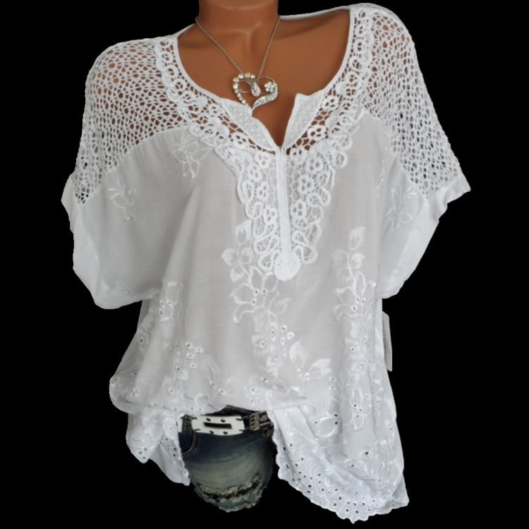 Women's Summer Short Sleeve Shirt Loose White Lace Stitching Shirt Oversize Top Casual Wear