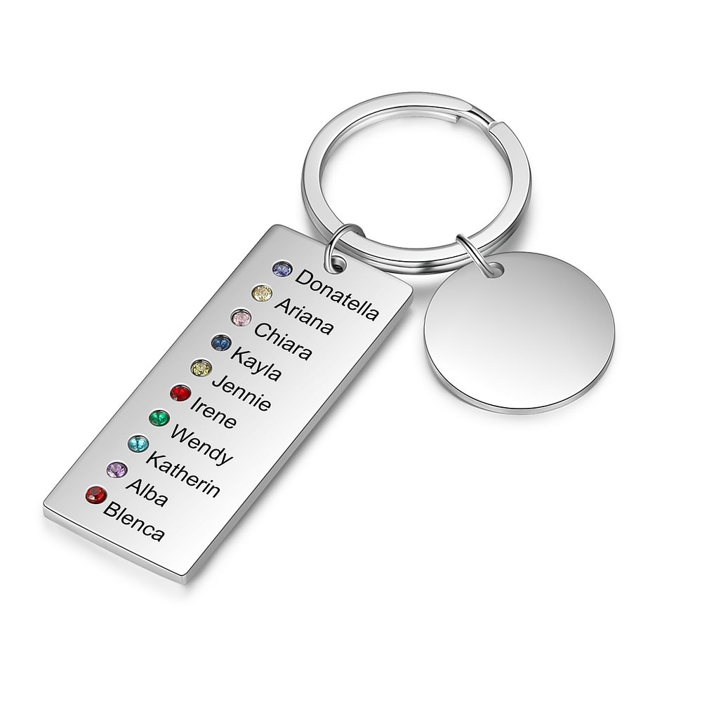 Personalized Keychain with Engraved 10 Names and 10 Birthstones