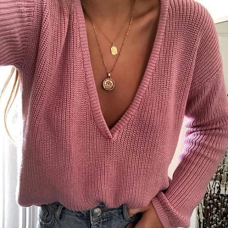 Women's Casual Solid Color V-neck Long Sleeve Knitted Sweater-Corachic