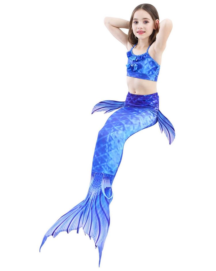 Blue Beta Fish Top Bottom And Mermaid Tail With Fins Girls Swimsuit-Mayoulove