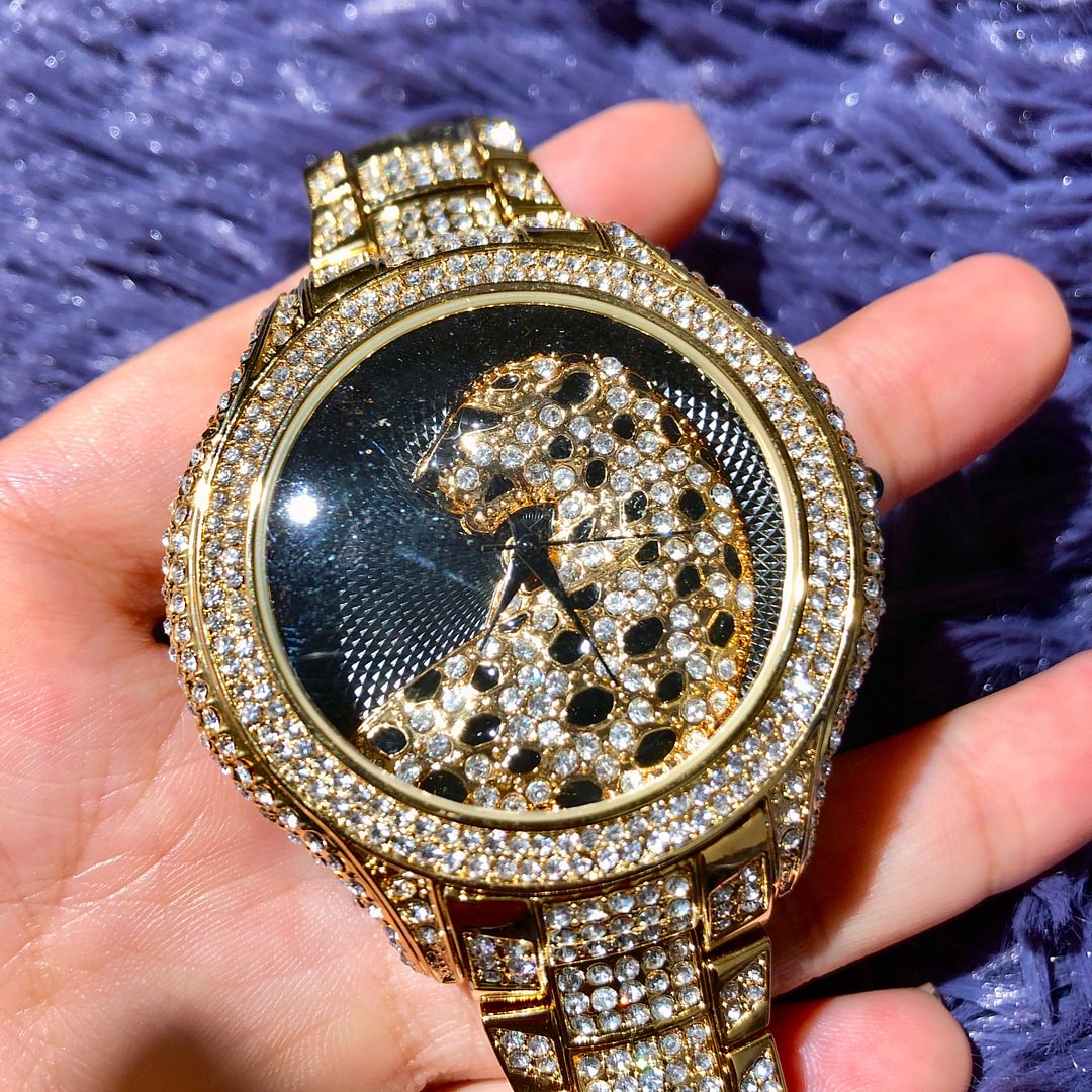 Hiphop Jewelry Leopard Women Black Gold Watch-VESSFUL