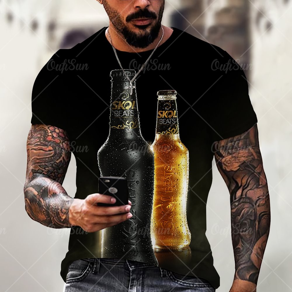 3D Beer Print Casual Summer Short Sleeve Men's T-Shirts-VESSFUL