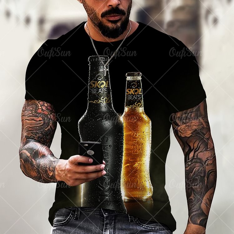 3D Beer Print Casual Summer Short Sleeve Men's T-Shirts